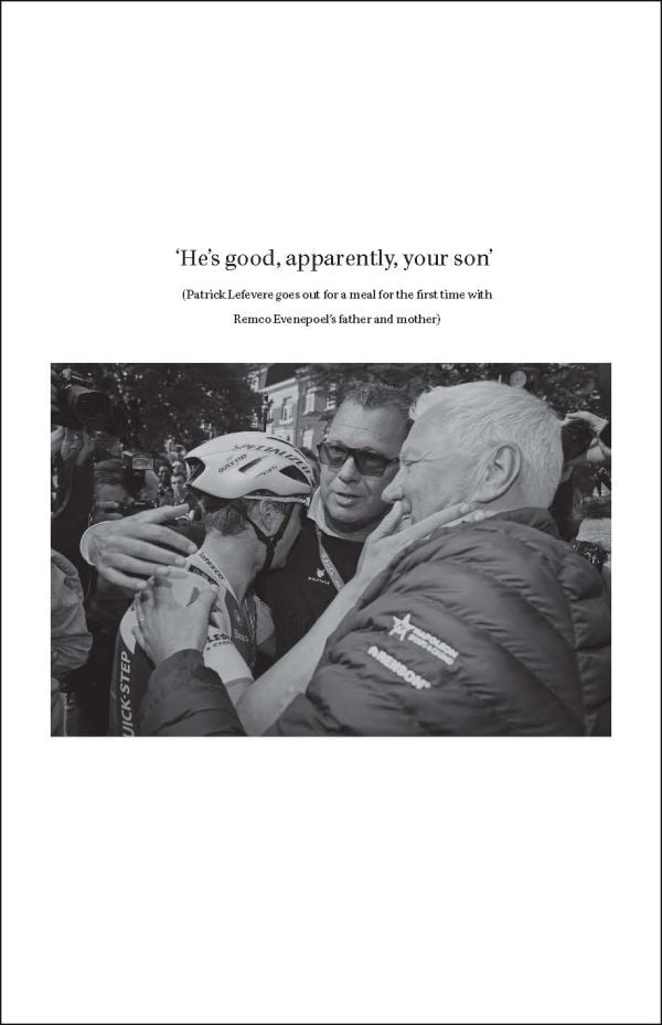 Book cover of Remco Evenepoel Full Gas: Strive for perfection, featuring the Belgian cyclist with his arms outstretched to the sky, his bike in front. Published by Lannoo Publishers.