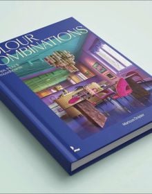 Book cover of Colour Combinations: Tips, tricks & moodboards, featuring a bold, colorful interior with pink chairs and a green ceiling. Published by Lannoo Publishers.