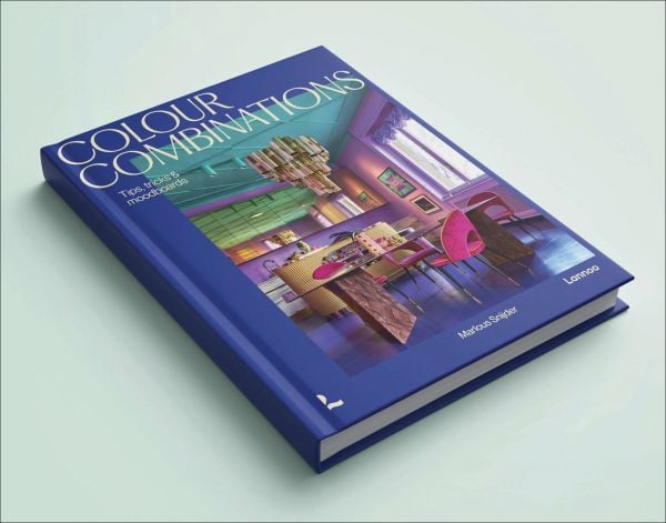 Book cover of Colour Combinations: Tips, tricks & moodboards, featuring a bold, colorful interior with pink chairs and a green ceiling. Published by Lannoo Publishers.