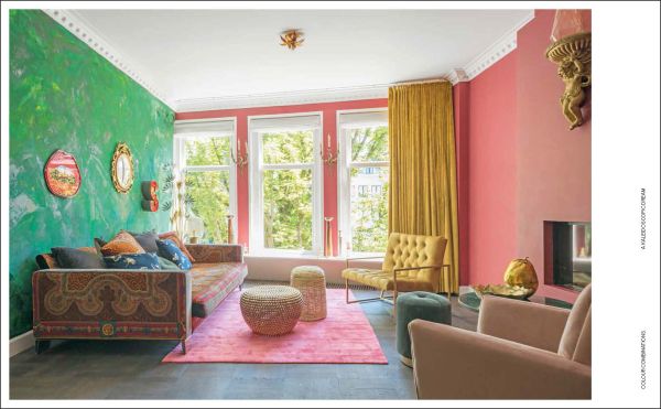 Book cover of Colour Combinations: Tips, tricks & moodboards, featuring a bold, colorful interior with pink chairs and a green ceiling. Published by Lannoo Publishers.