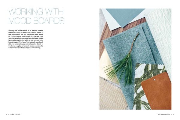 Book cover of Nordic Colours: How to create interior moods; featuring an interior living room with wood panelled celling and wood furniture. Published by Lannoo Publishers.