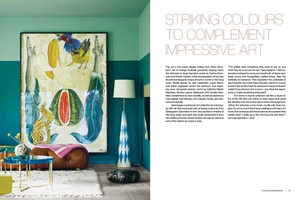 Book cover of Nordic Colours: How to create interior moods; featuring an interior living room with wood panelled celling and wood furniture. Published by Lannoo Publishers.