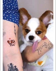 Book cover of Happy Tattoos: The Best Fun-Loving Tattoo Artists; featuring three tattoos: a dinosaur on a skateboard, a penguin with a bow on its head, and a dragon shouting through megaphone. Published by Lannoo Publishers.