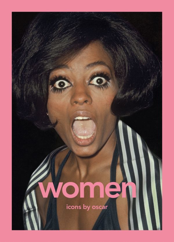 Book cover of WOMEN: Icons by Oscar; featuring Diana Ross with her mouth open wide. Published by Lannoo Publishers.