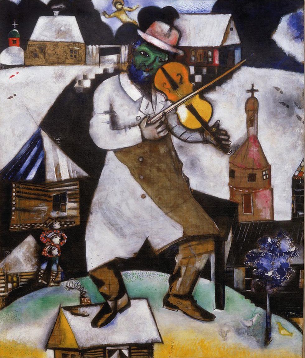 Section of Cubist oil painting, Self-portrait with seven fingers by Marc Chagall, white and blue cover, CHAGALL, PICASSO, MONDRIAN AND OTHERS in black font above.