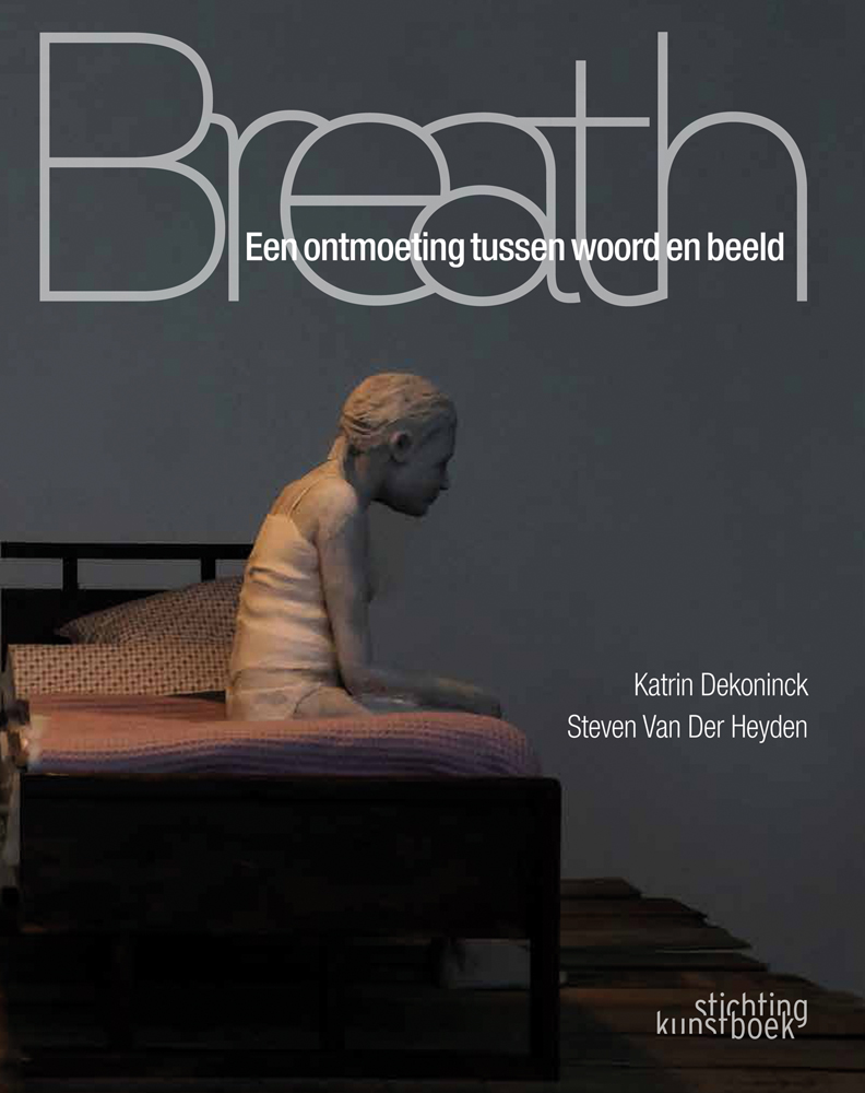 Life sized clay sculpture of girl sitting on bed, Breath in pale grey font above