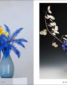 Book cover of Ikebana Inspired by Emotions, featuring a box with a green leaf inside, with an abstract sculpture of red sticks. Published by Stichting.