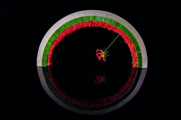 White book cover of International Floral Art 2018/2019, with a model wearing white face paint, and a head-dress of white flowers cascading down. Published by Stichting.