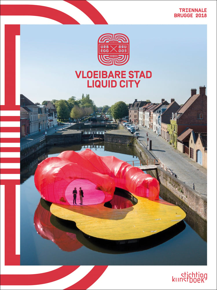 Large red and yellow cocoon installation, floating on water with locks, VLOEIBARE STAD LIQUID CITY, in red font, TRIENNALE BRUGGES 2018 on white border