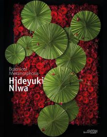 Black book cover of Hideyuki Niwa, Botanical Metamorphosis, with an aerial view of green lily pads surrounded by red roses. Published by Stichting.