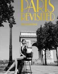 Book cover of photographer Henk van Cauwenbergh's Paris Revisited, featuring a female model in long black plunging dress, perched on stool in front on d'arc de triomphe. Published by Stichting.