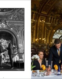 Book cover of photographer Henk van Cauwenbergh's Paris Revisited, featuring a female model in long black plunging dress, perched on stool in front on d'arc de triomphe. Published by Stichting.