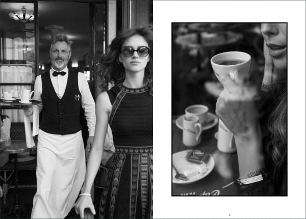 Book cover of photographer Henk van Cauwenbergh's Paris Revisited, featuring a female model in long black plunging dress, perched on stool in front on d'arc de triomphe. Published by Stichting.