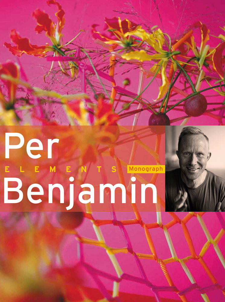 Red and yellow flame lilies, pink cover, Per Benjamin ELEMENTS in white and yellow font on orange transparent central banner.
