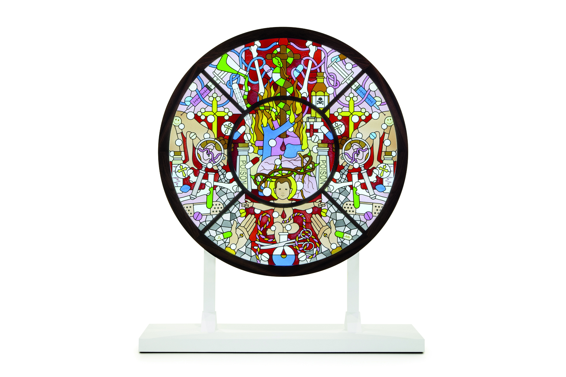 Black outline of art nouveau stained glass design, small blue shape, Artistic Glass Panels in blue and black font near centre