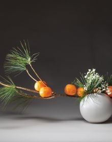 Book cover of Inspiring Ikebana, featuring an ceramic vase with three long green palm leaves and two bird of paradise flowers. Published by Stichting.