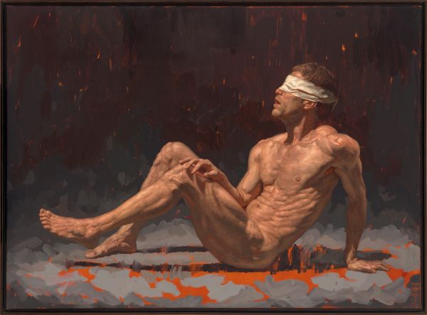 Book cover of Lux Æterna, featuring detail of Ellen Marie Moyson's painting of nude white male, blindfolded. Published by Stichting.