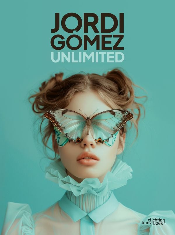 Book cover of Jordi Gómez: Unlimited; featuring a woman with a green butterfly covering her eyes like glasses. Published by Stichting Kunstboek.