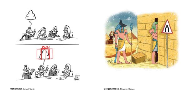 Book cover of Cartoons 2025/2026: Best cartoons worldwide selected by the oldest cartoon festival in the world: featuring six cartoon drawings. Published by Lannoo Publishers.