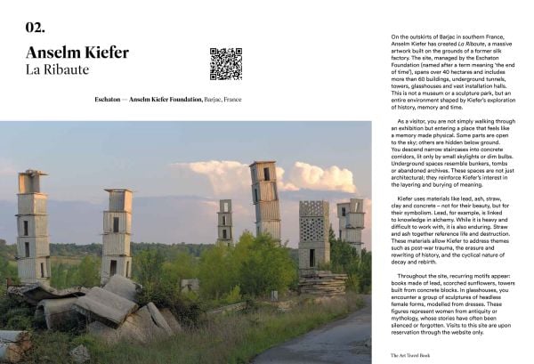 Book cover of The Art Travel Book: 40 Iconic Outdoor Artworks; featuring an outdoor art installation of large coloured rocks stacked on top of each other. Published by Lannoo Publishers.