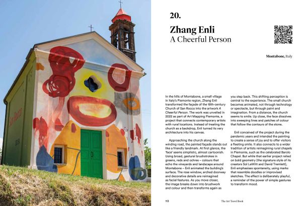 Book cover of The Art Travel Book: 40 Iconic Outdoor Artworks; featuring an outdoor art installation of large coloured rocks stacked on top of each other. Published by Lannoo Publishers.