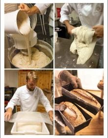 Book cover of The Sourdough Baking Book: From Sourdough Starter to Stunning Breads and Pastries; featuring a baker holding a tray of loaves of bread. Published by Lannoo Publishers.
