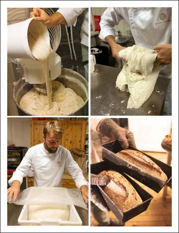 Book cover of The Sourdough Baking Book: From Sourdough Starter to Stunning Breads and Pastries; featuring a baker holding a tray of loaves of bread. Published by Lannoo Publishers.