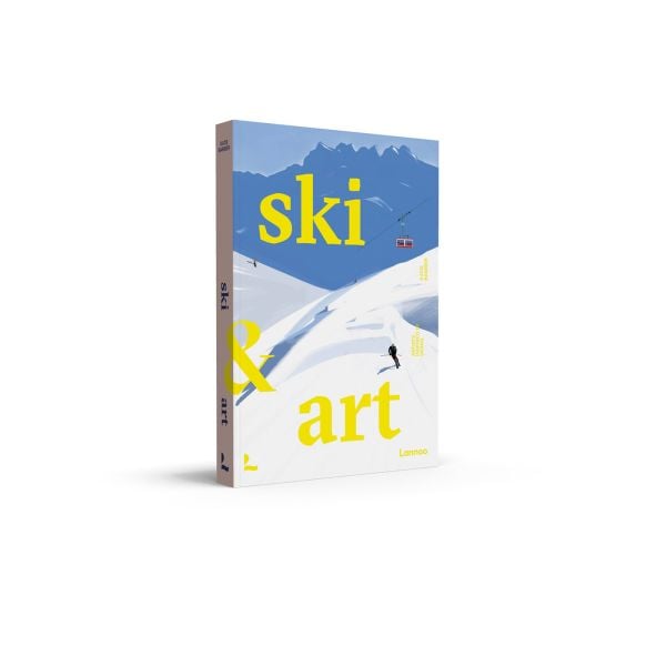 Book cover of Ski & Art: Artists Inspired by Skiing; featuring a painting of a snow-covered mountain with skiers' and an overhead cable car. Published by Lannoo Publishers.