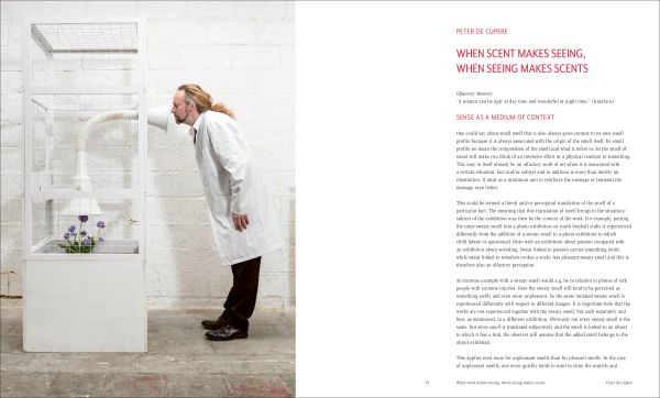 Book cover of Peter de Cupere: Scent in Context: Olfactory Art, with a figure standing on a step ladder, upper torso obscured by smoke. Published by Hopper&Fuchs.