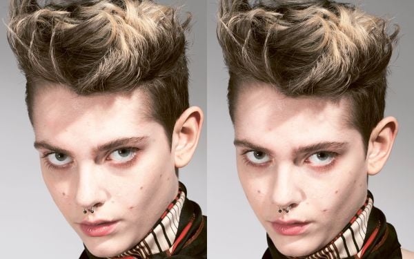 Book cover of UN/CUT: Pascal van Loenhout, with a model sporting a short hair style with quiff. Published by Hopper&Fuchs.