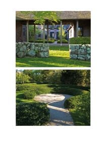 Large green topiary balls edging grass area, with 2 wooden benches, THE WIRTZ GARDENS in white font right of centre