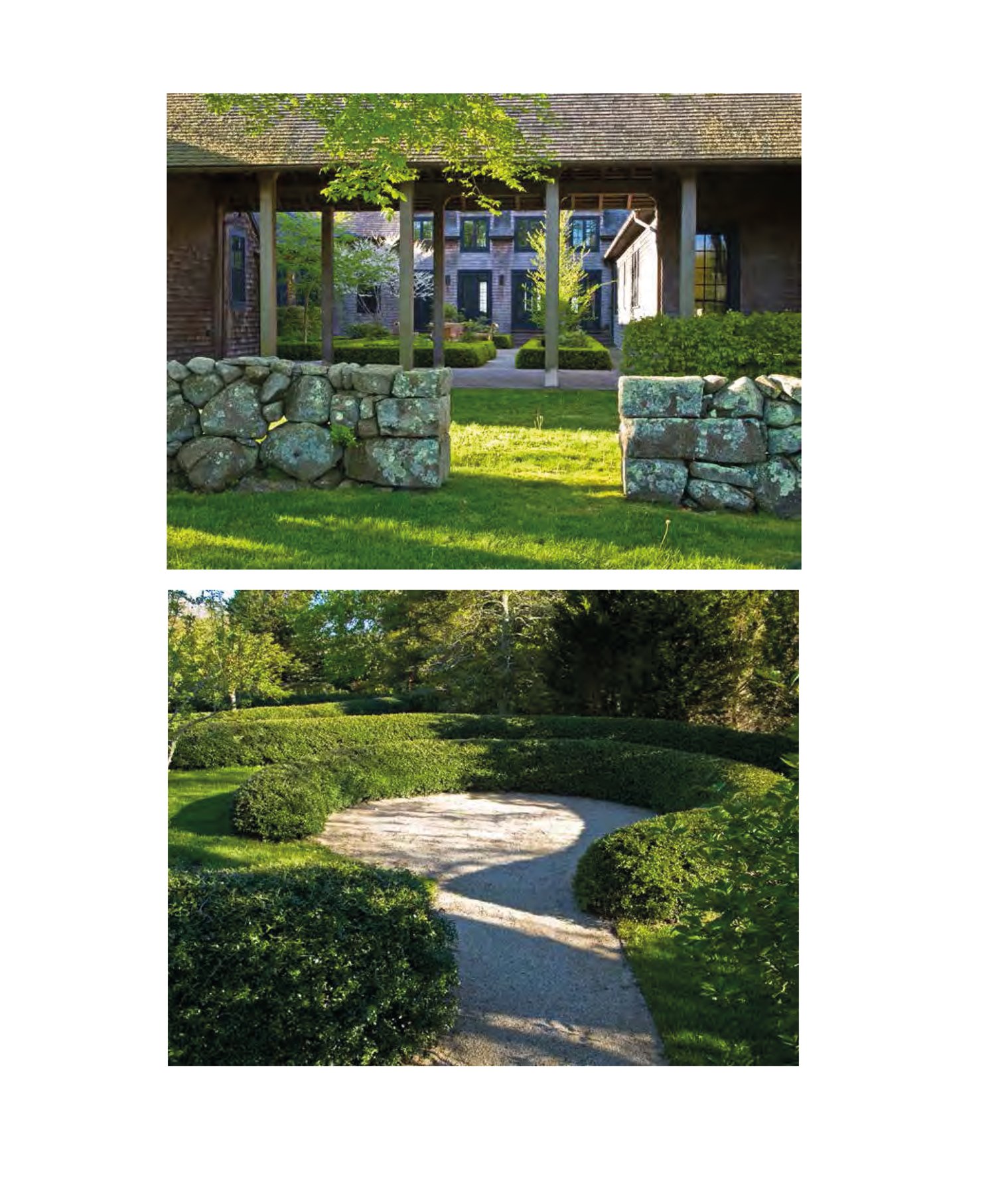 Large green topiary balls edging grass area, with 2 wooden benches, THE WIRTZ GARDENS in white font right of centre