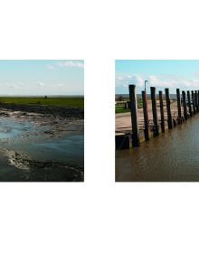 Rail road and embankment on Wadden Sea, wagon with lamp on front, on black cover of 'Silence of the Tides', by Lannoo Publishers.