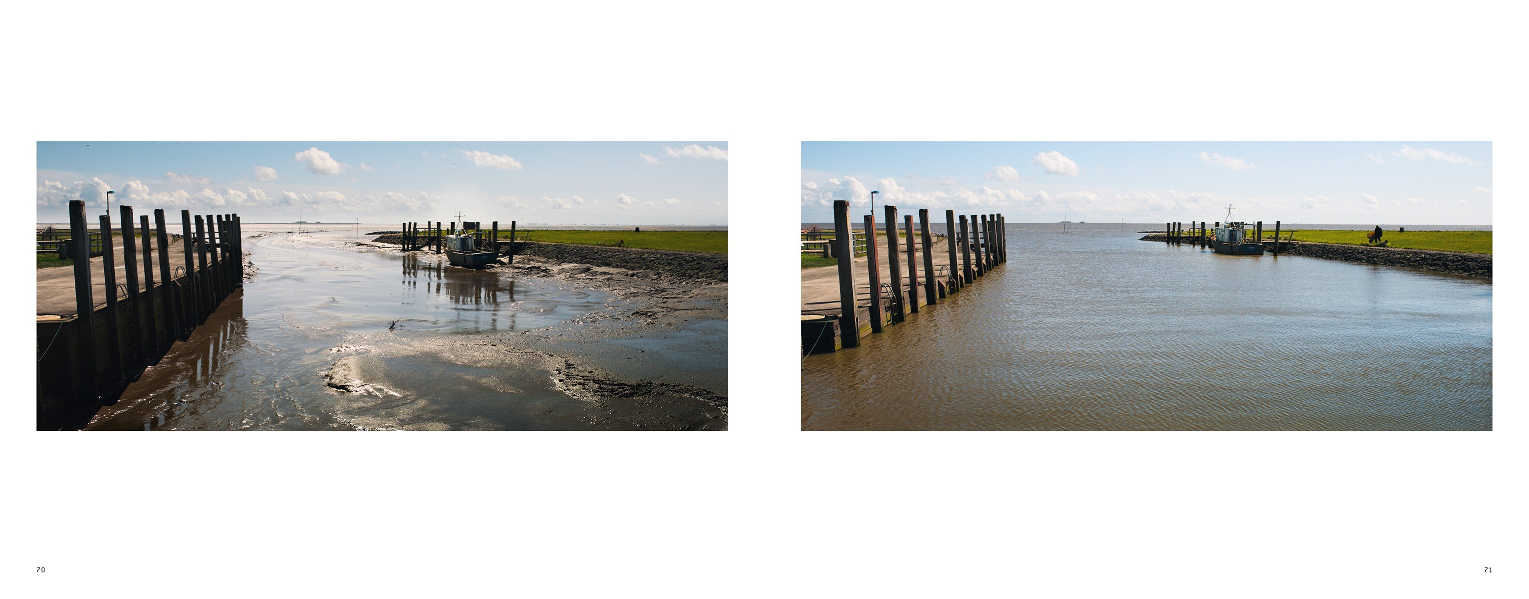 Rail road and embankment on Wadden Sea, wagon with lamp on front, on black cover of 'Silence of the Tides', by Lannoo Publishers.