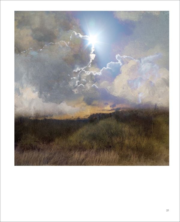 Painterly landscape of cloudy blue sky with tall white headed plants, obscuring river, on cover of 'Pictorial Landscape Photography, Saskia Boelsums', by Lanno Publishers.