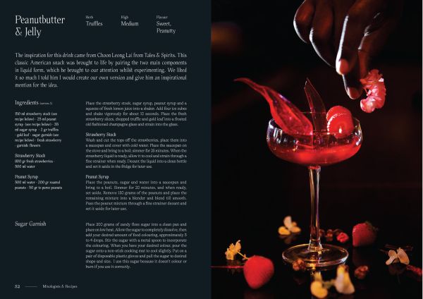 Stemmed cocktail glass containing red liquid, bright blue smoky background, on cover of 'High Cocktails, Psychoactive Non-Alcoholic Cocktails', by Lannoo Publishers.