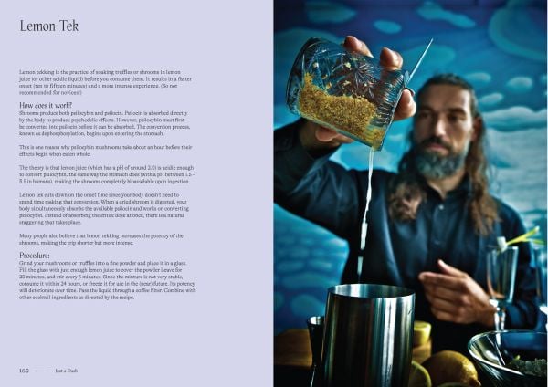 Stemmed cocktail glass containing red liquid, bright blue smoky background, on cover of 'High Cocktails, Psychoactive Non-Alcoholic Cocktails', by Lannoo Publishers.