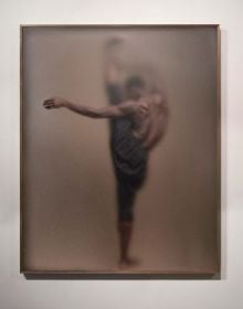 Ballet dancer falling backwards with transparent cracked craquelure layer, on cover of 'Casper Faassen', by Lannoo Publishers.