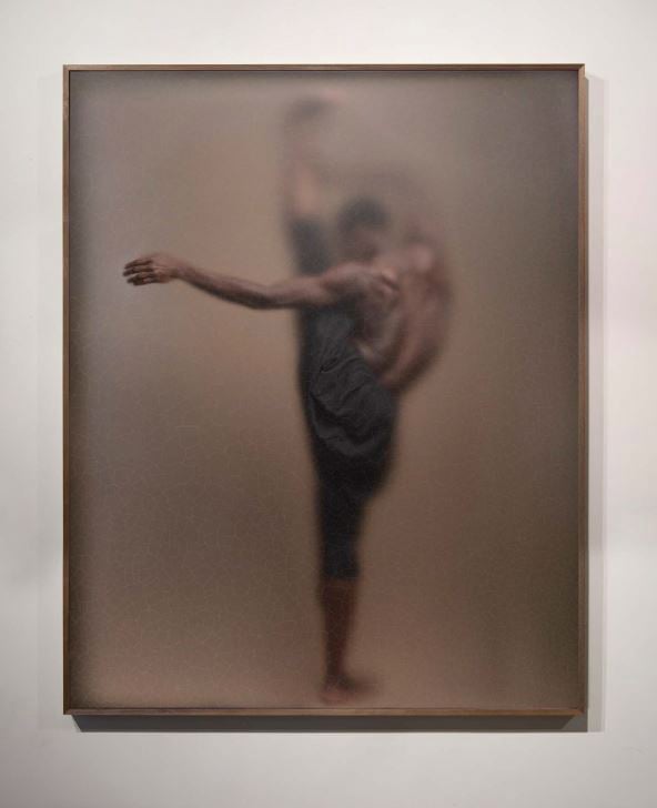 Book cover of Casper Faassen, with a ballet dancer falling backwards behind a transparent cracked craquelure layer. Published by Lannoo Publishers.