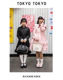 White book cover of Tokyo Tokyo, with two Japanese girls in underground station: one in black dress, one in pale pink, both holding handbags. Published by Lannoo Publishers.