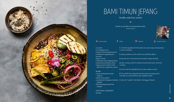 Book cover of Blauw's Veggie Kitchen: Restaurant Blauw's Crew Presents 70 Authentic Vegetarian and Vegan Recipes, with a fork covered in green powder. Published by Lannoo Publishers.