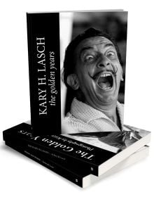 Hilarious head shot of Surrealist painter Salvador Dali mid shout or laugh mouth and eyes wide open with Kary H. Lasch The Golden Years in white font on vertical black left banner