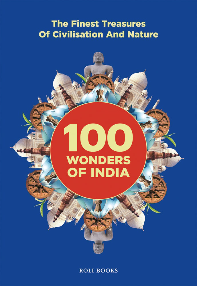 Repeated circular montage of Taj Mahal and brown wheel, and 2 Buddha statues on blue cover with 100 Wonders of India in pale yellow on orange central circle