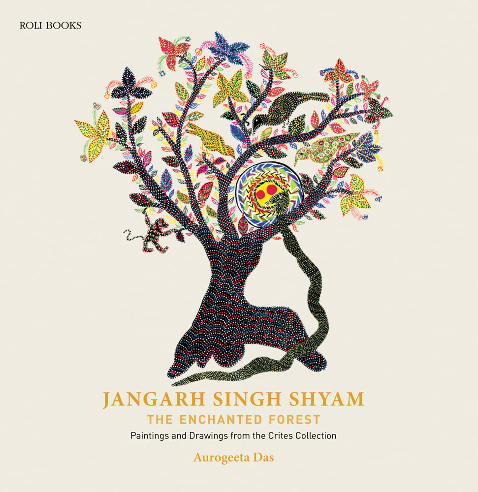 Decorative tree painting with snake, Jangarh Singh Shyam: The Enchanted Forest in yellow font below, on white cover