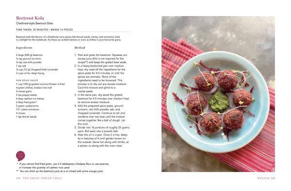 Book cover of The Great Indian Thali, Seasonal Vegetarian Wholesomeness, with a blue plate with colorful orange, yellow, and pink flowers. Published by Roli Books.