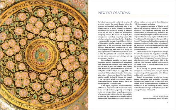 Book cover of Mughal Glass: A History of Glassmaking in India, featuring a vase painted in gold and green. Published by Roli Books.