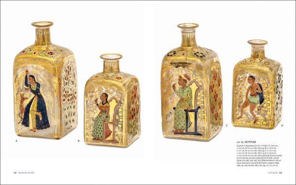 Book cover of Mughal Glass: A History of Glassmaking in India, featuring a vase painted in gold and green. Published by Roli Books.