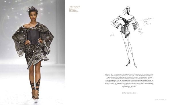 Book cover of Tarun Tahiliani: Journey to India Modern, with a model in white dress with beaded bodice. Published by Roli Books.