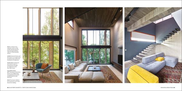 Book cover of 20 x 20: Twenty Architects x Twenty Iconic Homes of India, featuring a residential property with large concrete steps leading into patio doors. Published by Roli Books.