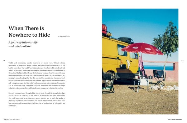 Book cover of Van Life: Culture, Vehicles, People, Places, with white and green camper van parked by the seaside, figure looking out to sea. Published by Lannoo Publishers.